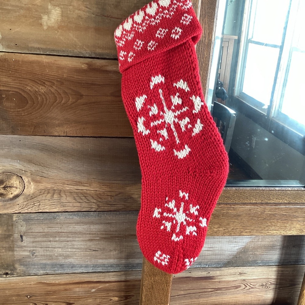 Crate and Barrel Red Sweater Knit Hand Knit White Snowflake Christmas Stocking